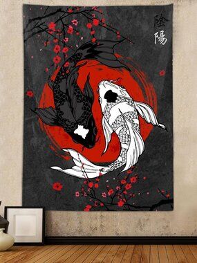 Japanese Yin Yang Koi Fish Tapestry, Cool Red and Black Anime Sakura Art Tapestr
